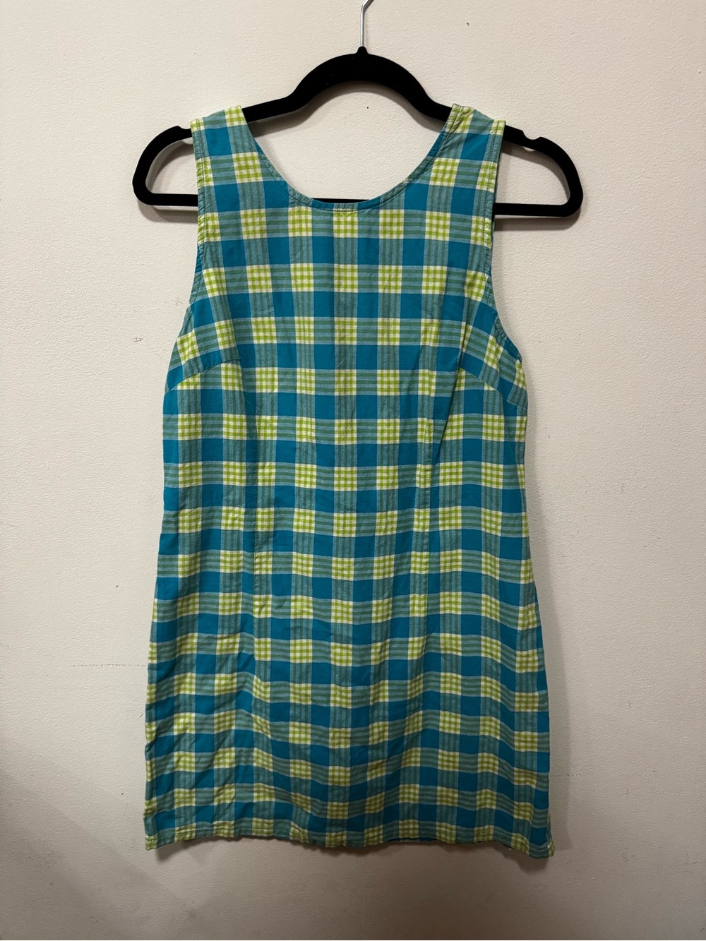 Vintage Plaid Shift Mini Dress in Teal and Lime